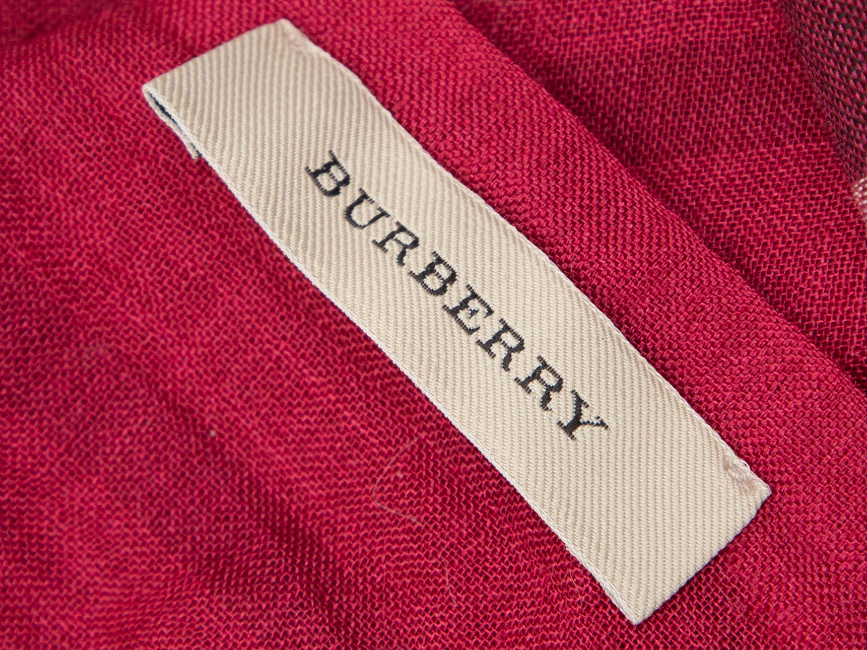 Product details: Red, black, and white silk-blend Nova Check scarf by Burberry. Fringe trim at ends. 28.5