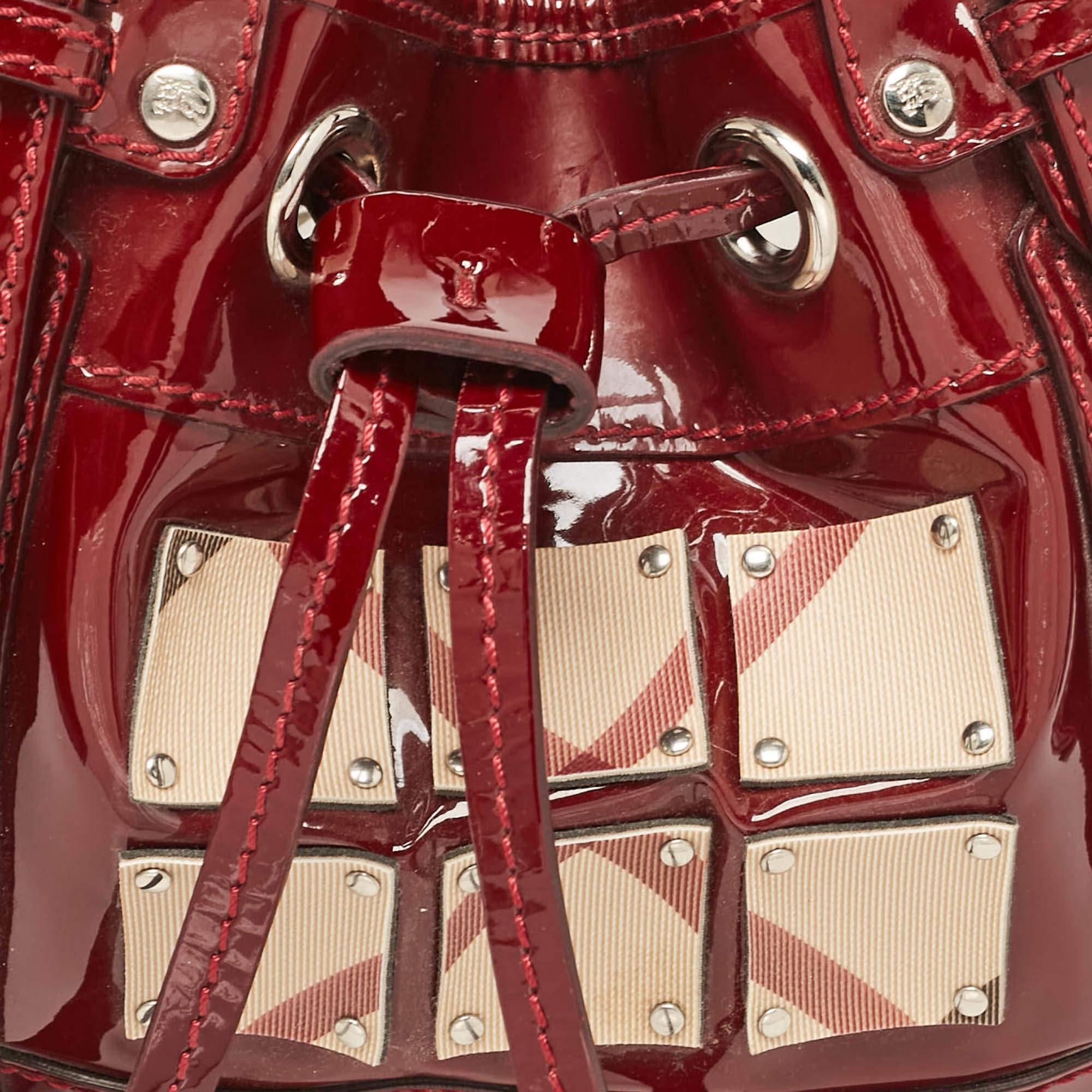 Women's Burberry Red Nova Check Patent Leather Warrior Drawstring Tote