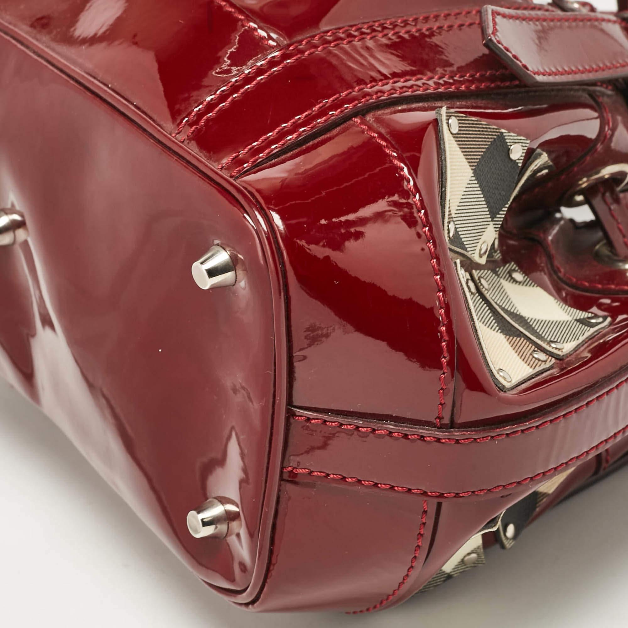 Burberry Red Nova Check Patent Leather Warrior Drawstring Tote 4