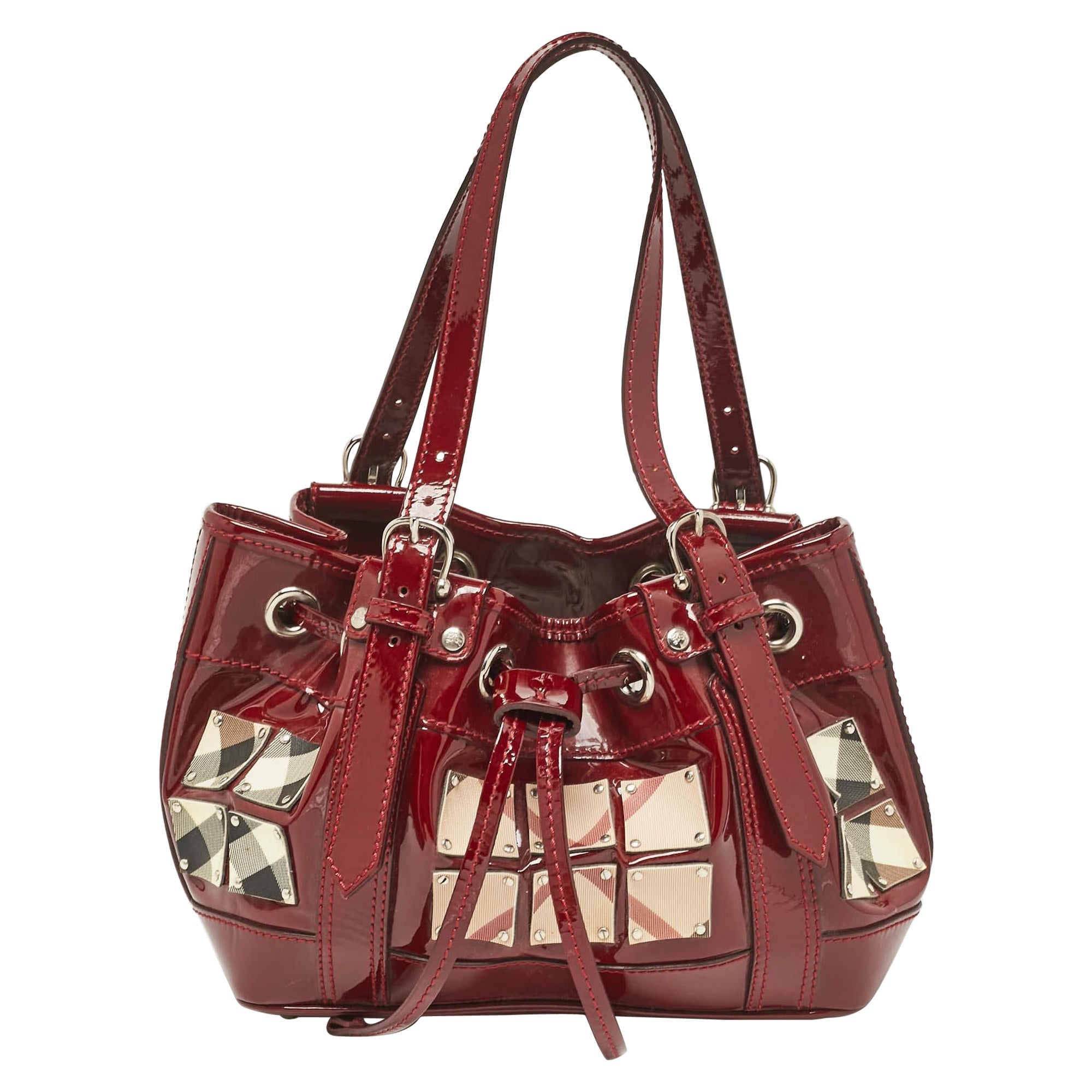 Burberry Red Nova Check Patent Leather Warrior Drawstring Tote