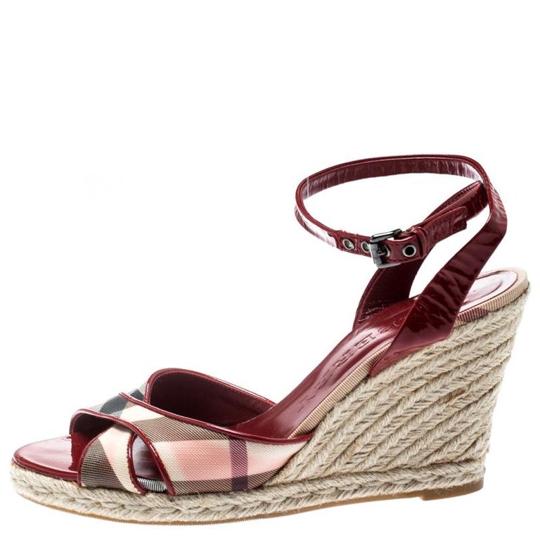 Burberry Red Patent Leather And Novacheck Canvas Espadrille Wedge Sandals  Size 4 For Sale at 1stDibs | burberry wedge sandals