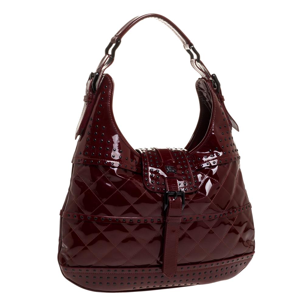 Black Burberry Red Patent Leather Studded Brooke Hobo