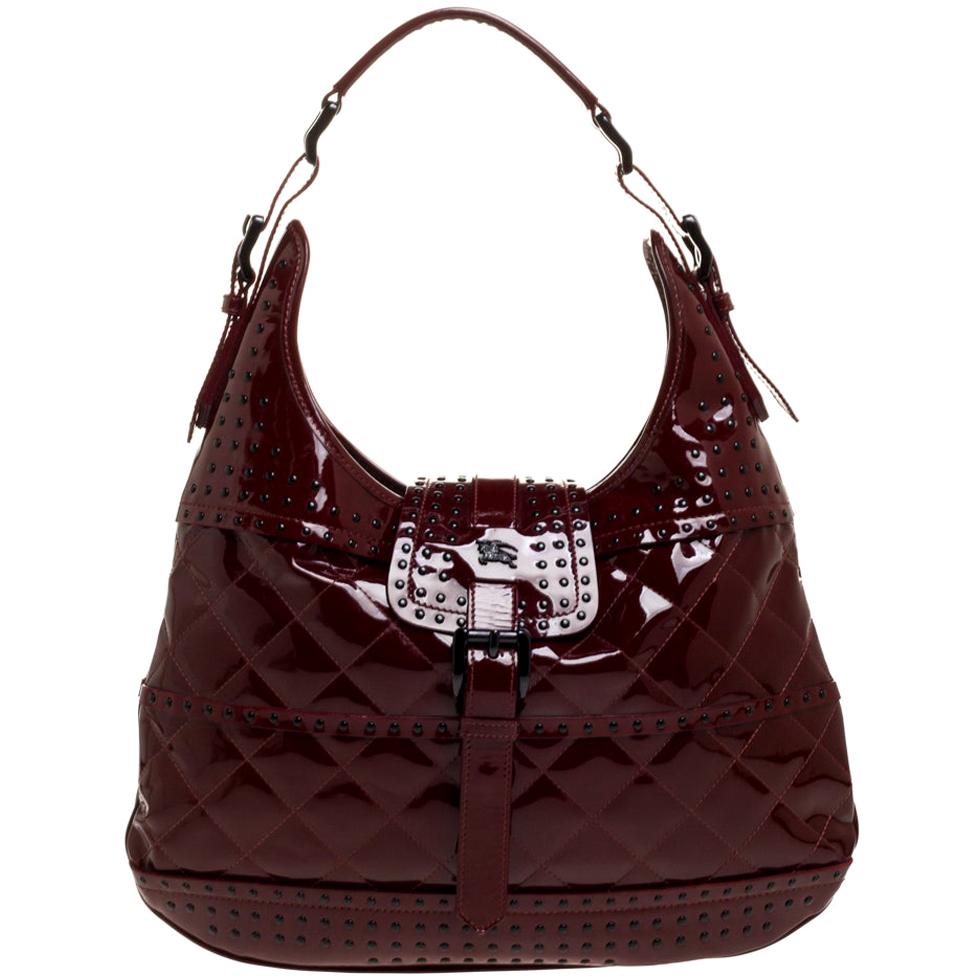 Burberry Red Patent Leather Studded Brooke Hobo