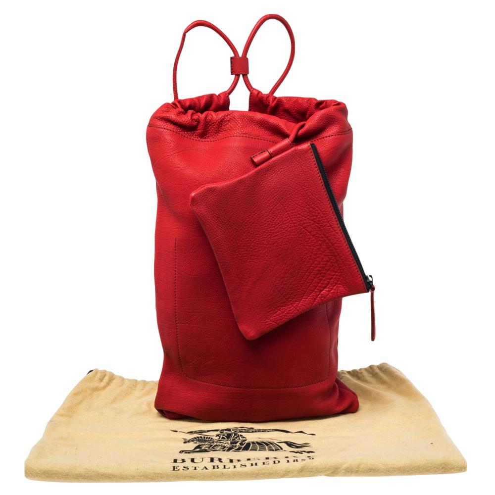 Burberry Red Pebbled Leather Drawstring Sling Backpack 6