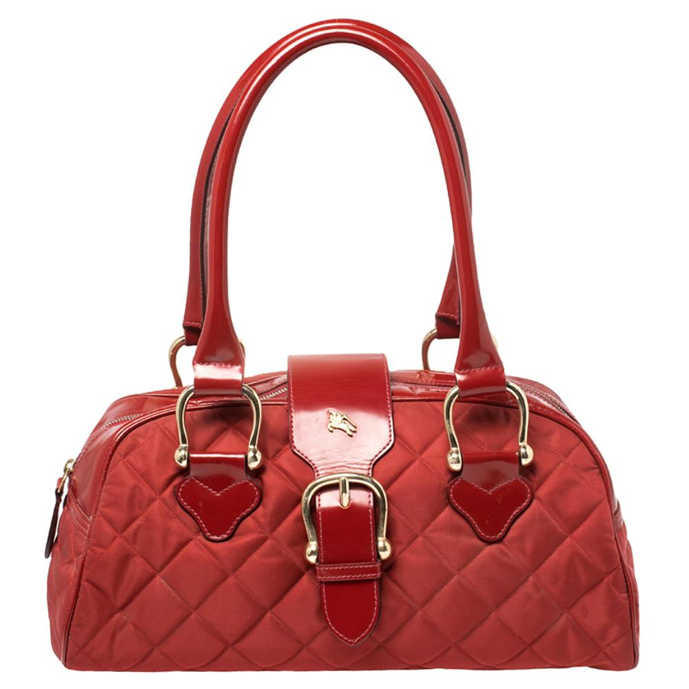 Burberry Red Quilted Nylon and Leather Satchel