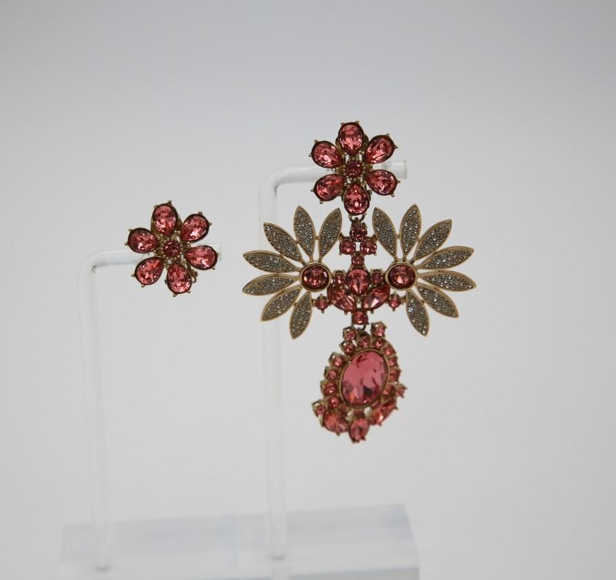 Burberry Rhinestone Flower Mismatched Cocktail Earrings In Coral Pink For Sale 1