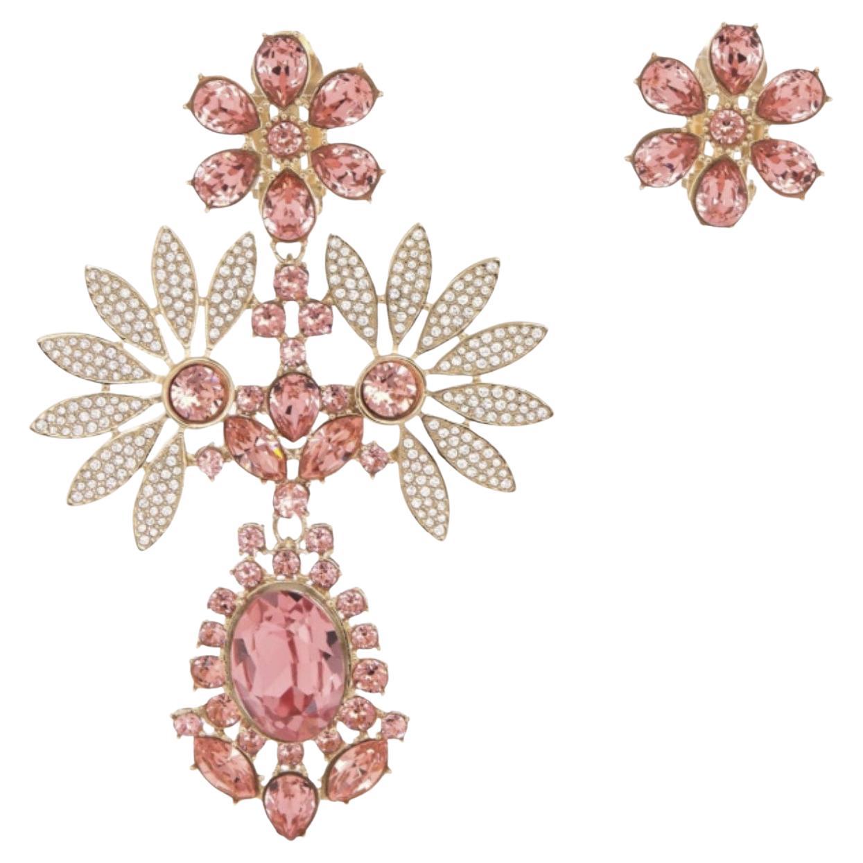 Burberry Rhinestone Flower Mismatched Cocktail Earrings In Coral Pink For Sale