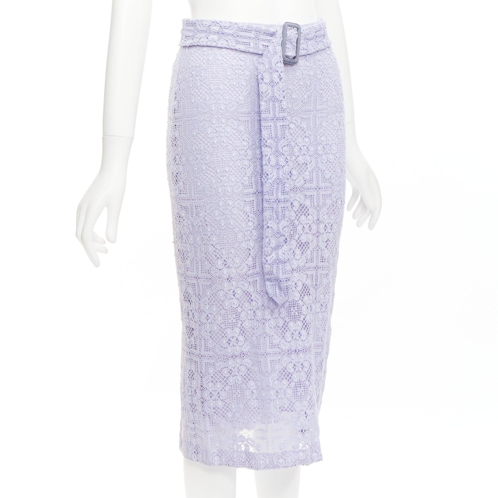 Purple BURBERRY Runway lilac purple cotton blend lace belted pencil skirt IT36 XXS For Sale