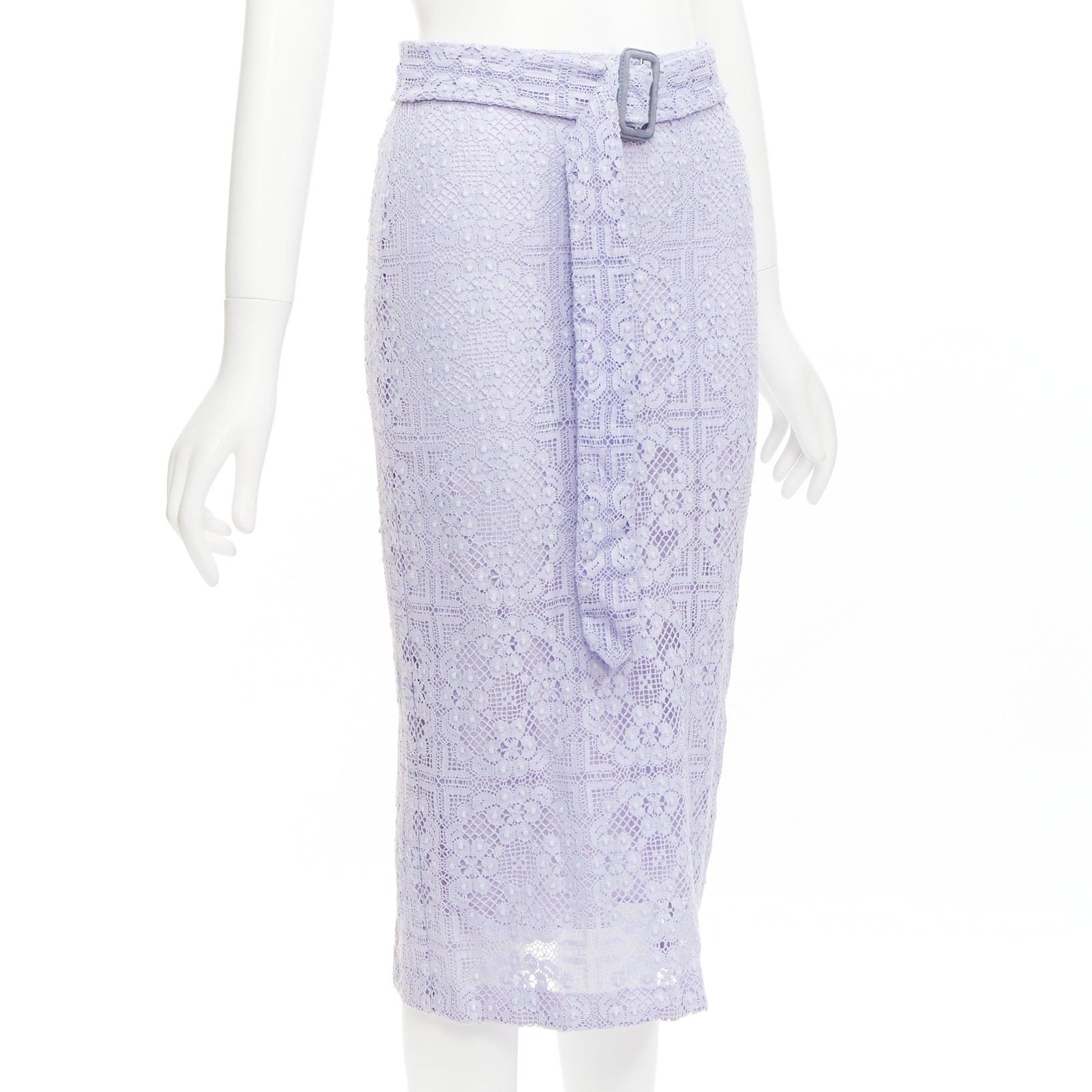 BURBERRY Runway lilac purple cotton blend lace belted pencil skirt IT36 XXS In Good Condition For Sale In Hong Kong, NT