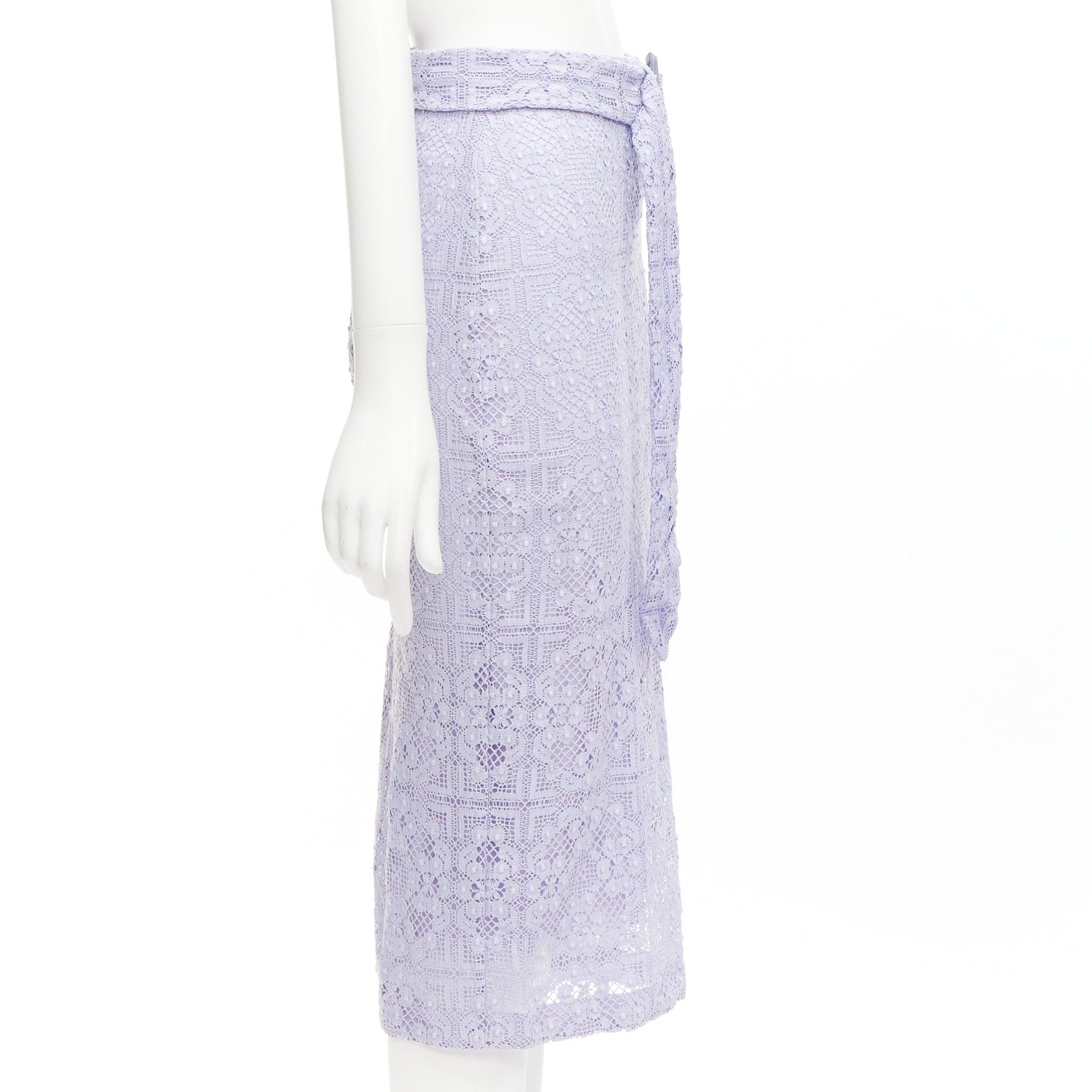 BURBERRY Runway lilac purple cotton blend lace belted pencil skirt IT36 XXS In Good Condition For Sale In Hong Kong, NT
