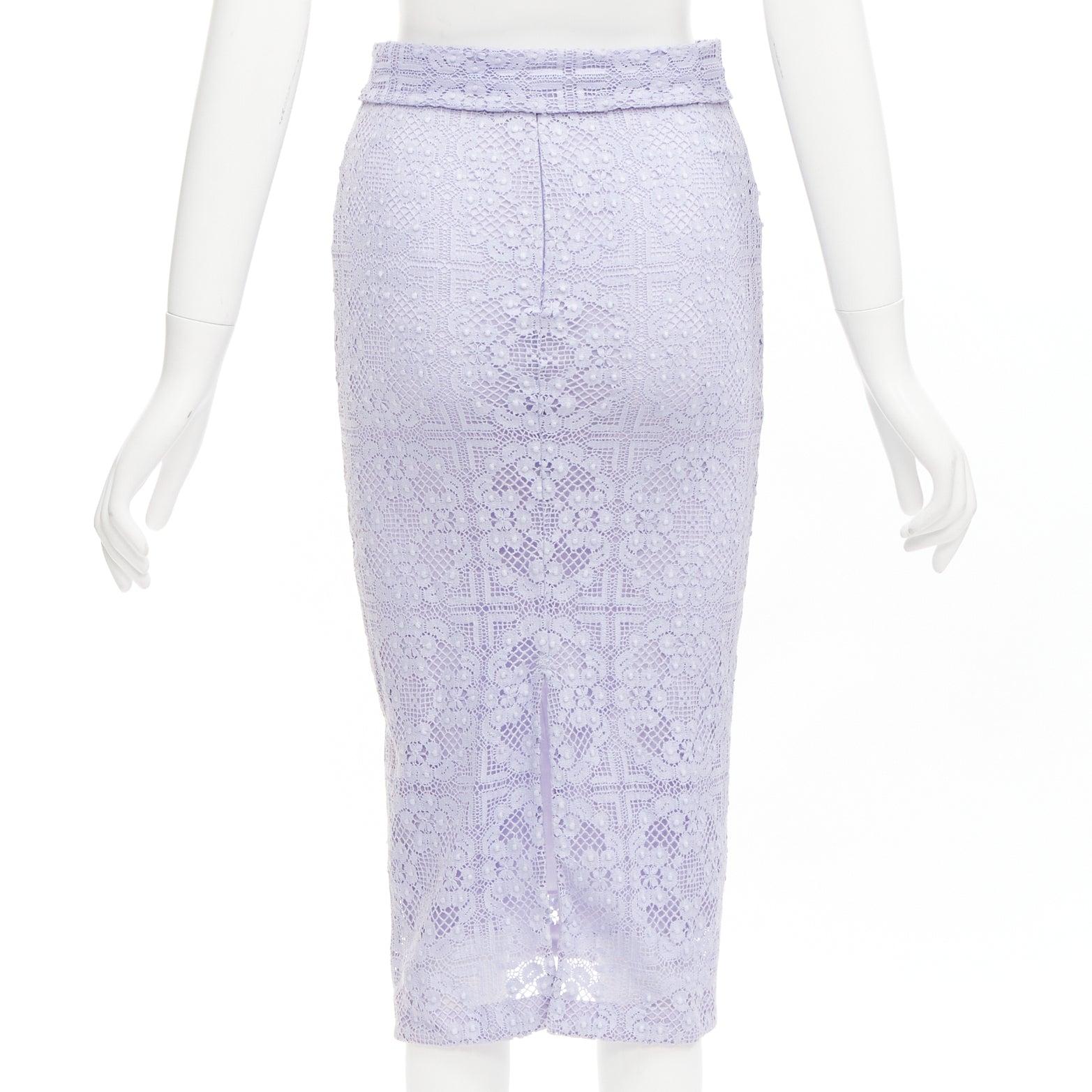 BURBERRY Runway lilac purple cotton blend lace belted pencil skirt IT36 XXS For Sale 1