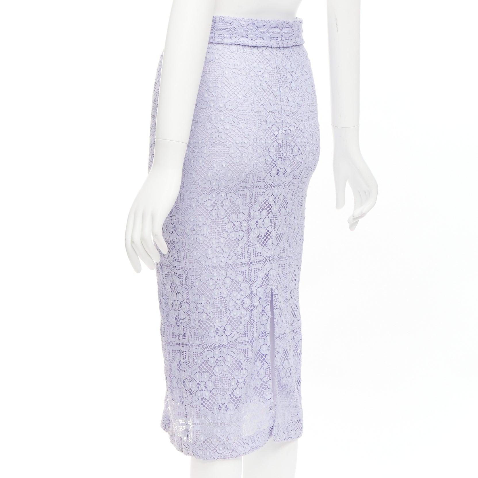 BURBERRY Runway lilac purple cotton blend lace belted pencil skirt IT36 XXS For Sale 2