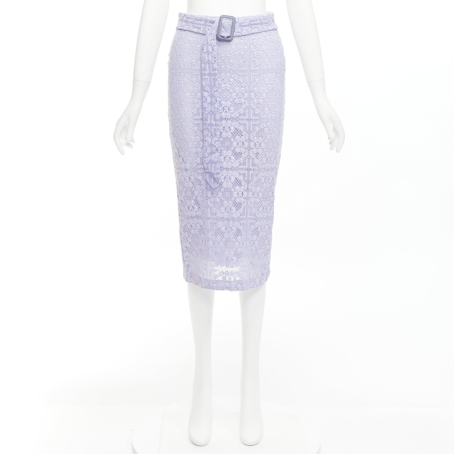 BURBERRY Runway lilac purple cotton blend lace belted pencil skirt IT36 XXS For Sale 5