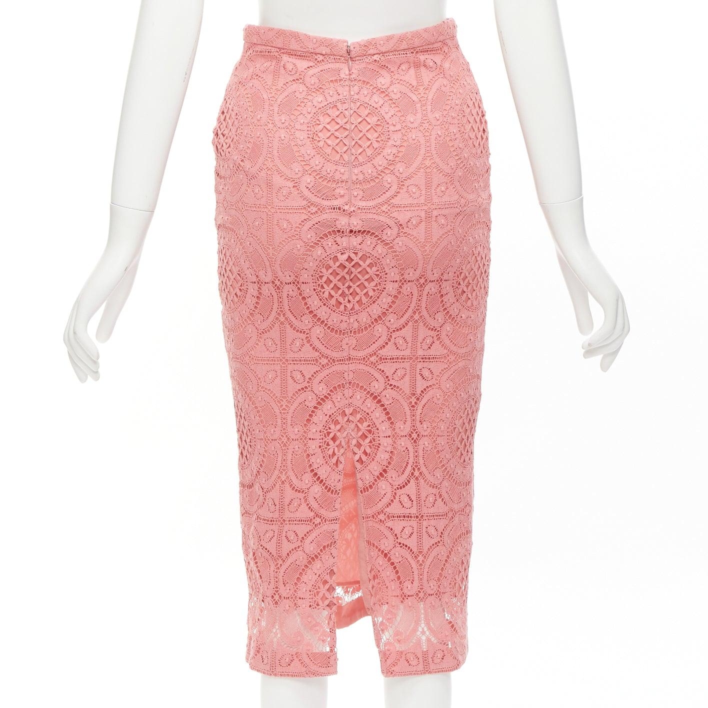 BURBERRY Runway pink cotton blend floral lace high waisted pencil skirt IT36 XXS For Sale 1