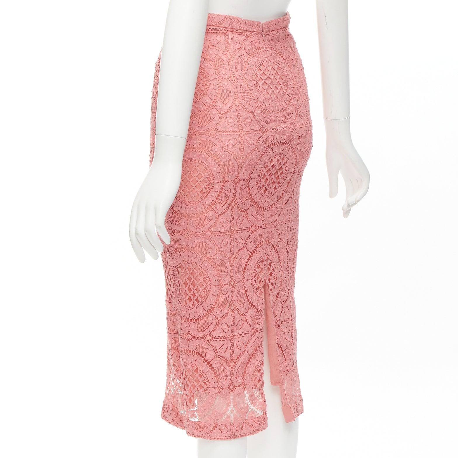 BURBERRY Runway pink cotton blend floral lace high waisted pencil skirt IT36 XXS For Sale 2