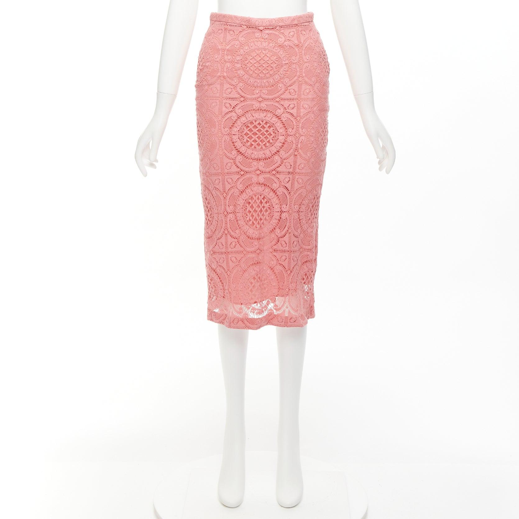 BURBERRY Runway pink cotton blend floral lace high waisted pencil skirt IT36 XXS For Sale 5