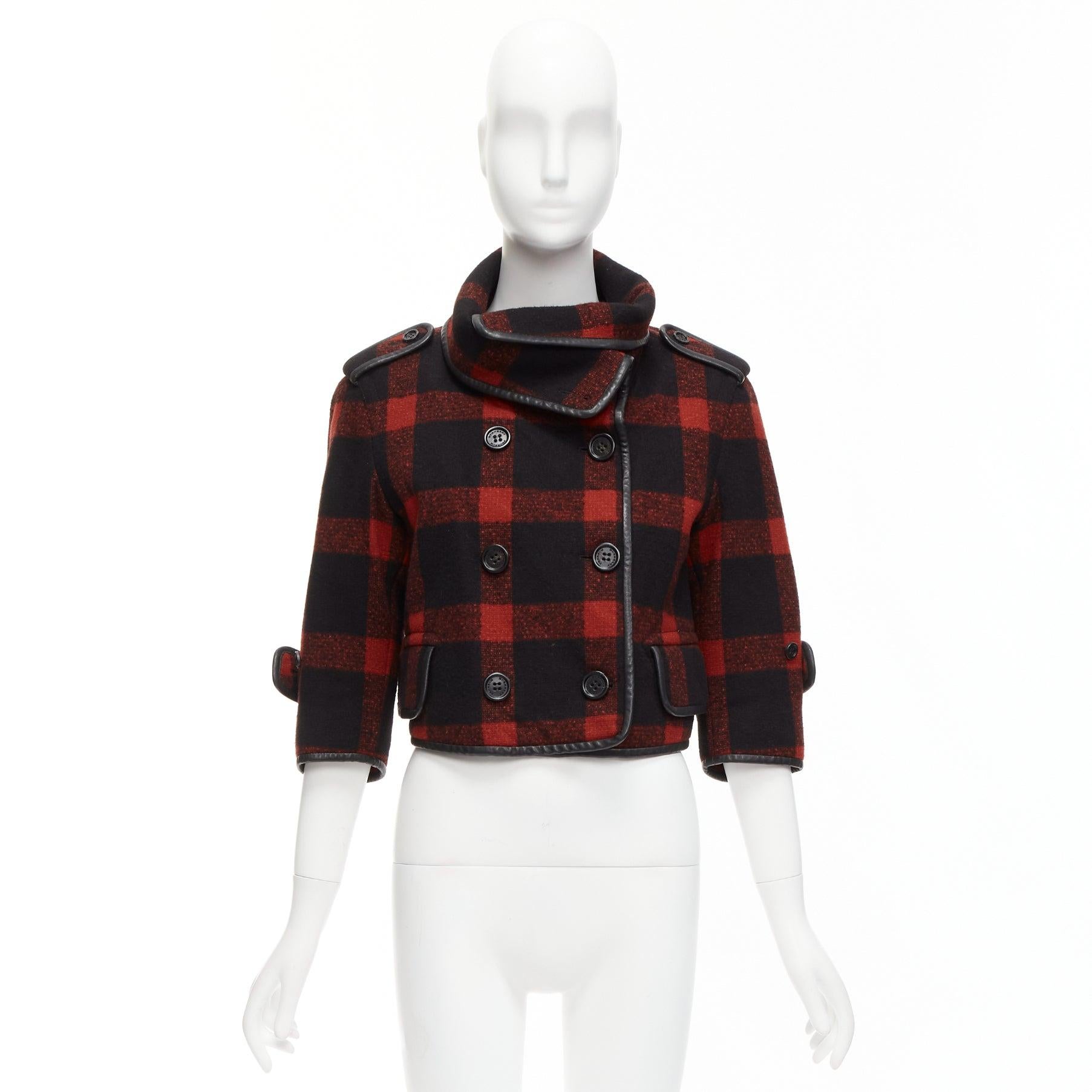 BURBERRY Runway red black wool plaid check leather trim cropped trench IT36 XXS For Sale 6