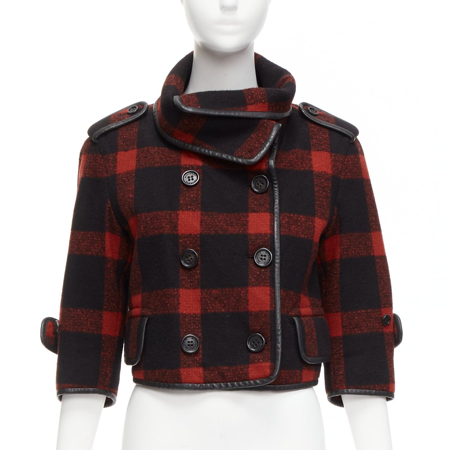 BURBERRY Runway red black wool plaid check leather trim cropped trench IT36 XXS In Excellent Condition For Sale In Hong Kong, NT