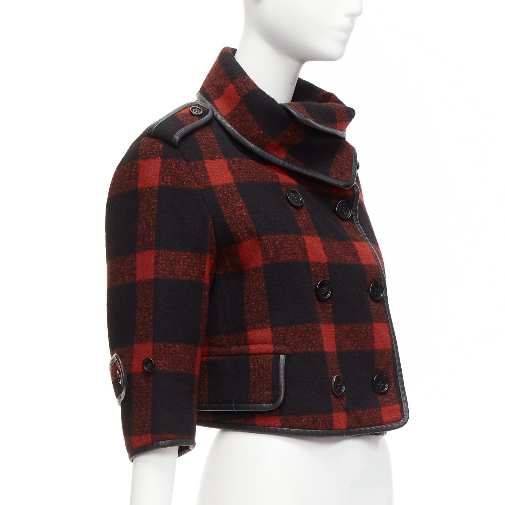Women's BURBERRY Runway red black wool plaid check leather trim cropped trench IT36 XXS For Sale