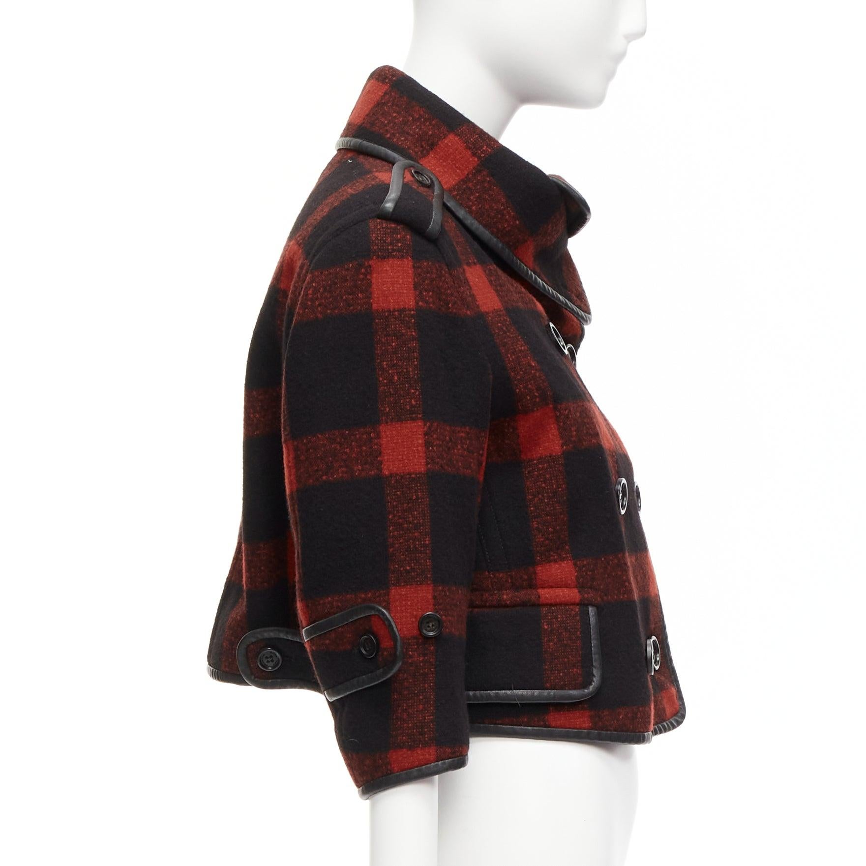 BURBERRY Runway red black wool plaid check leather trim cropped trench IT36 XXS For Sale 1