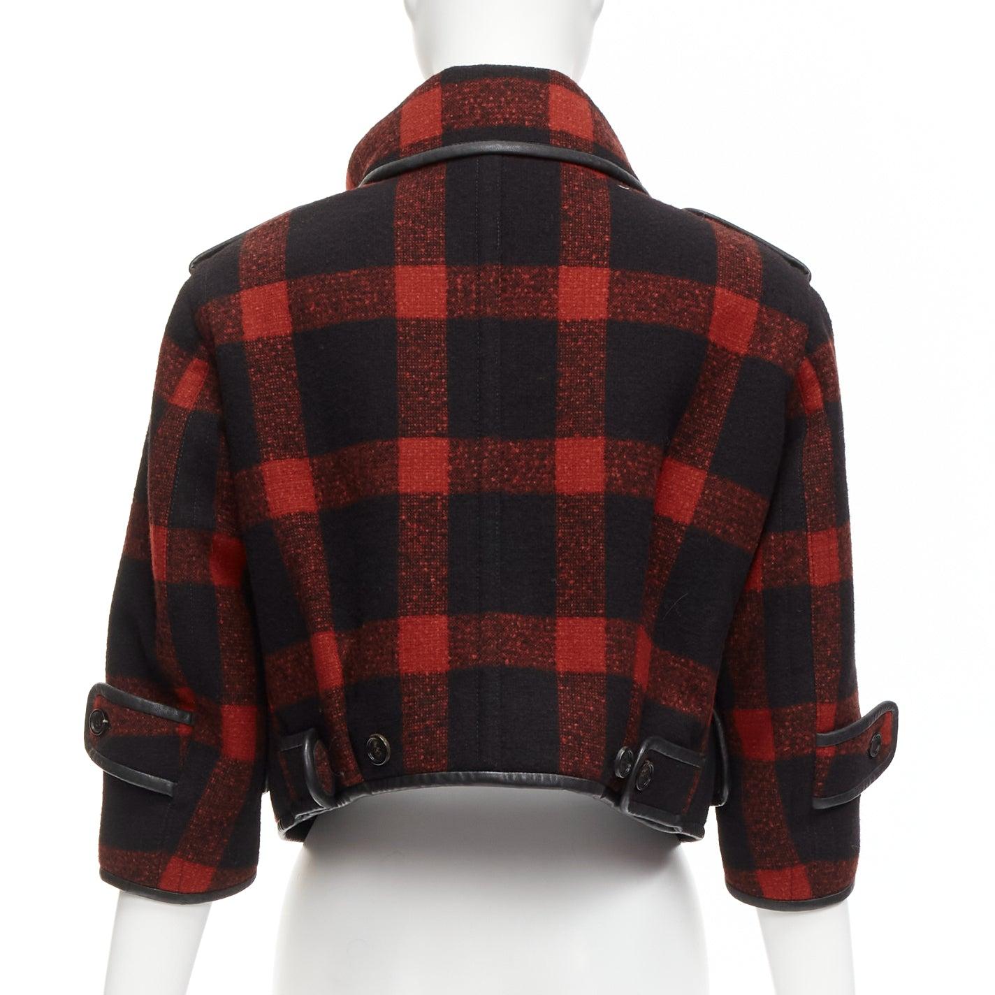 BURBERRY Runway red black wool plaid check leather trim cropped trench IT36 XXS For Sale 2