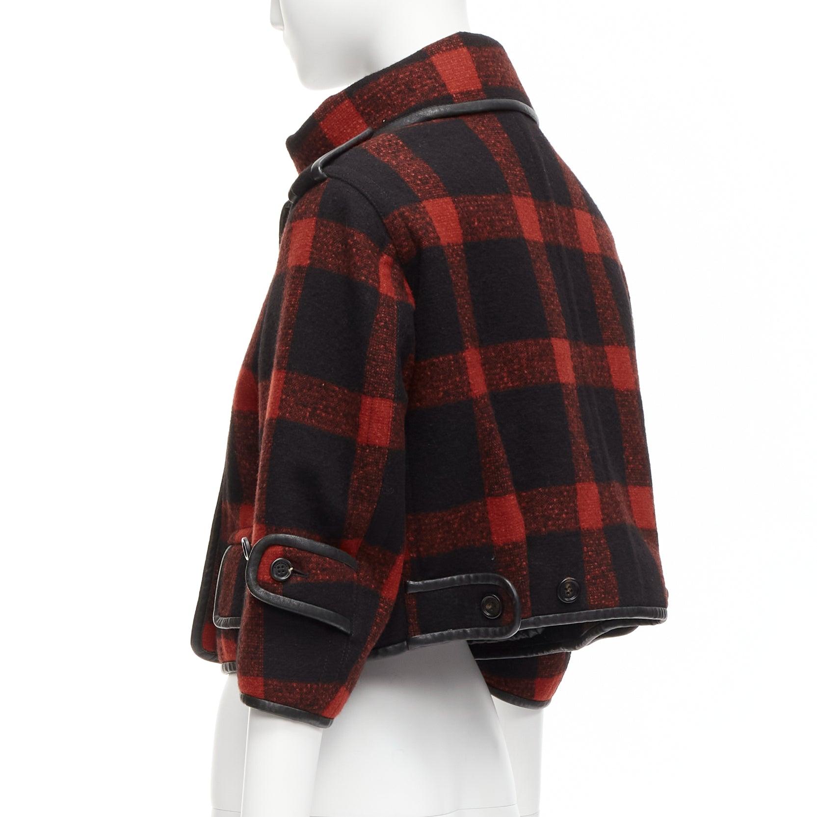 BURBERRY Runway red black wool plaid check leather trim cropped trench IT36 XXS For Sale 3
