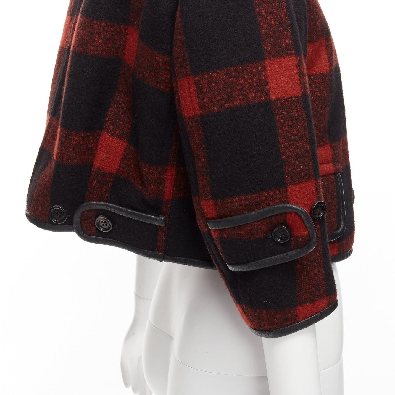 BURBERRY Runway red black wool plaid check leather trim cropped trench IT36 XXS For Sale 4