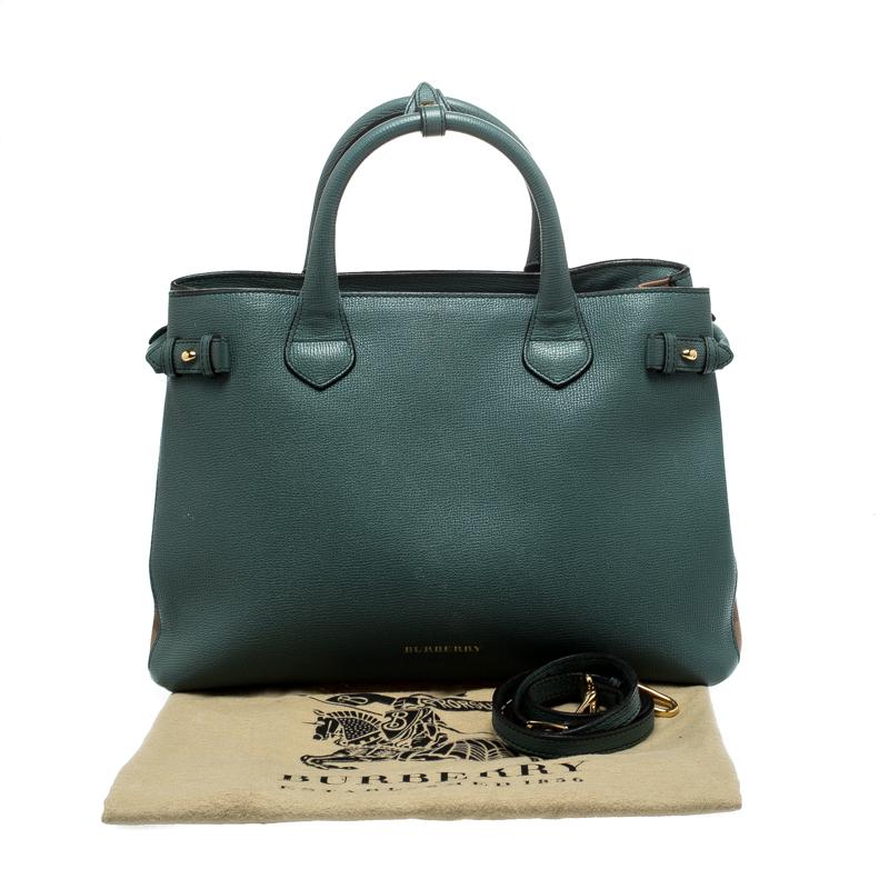 Burberry Sea Green Leather and House Check Fabric Medium Banner Tote 7