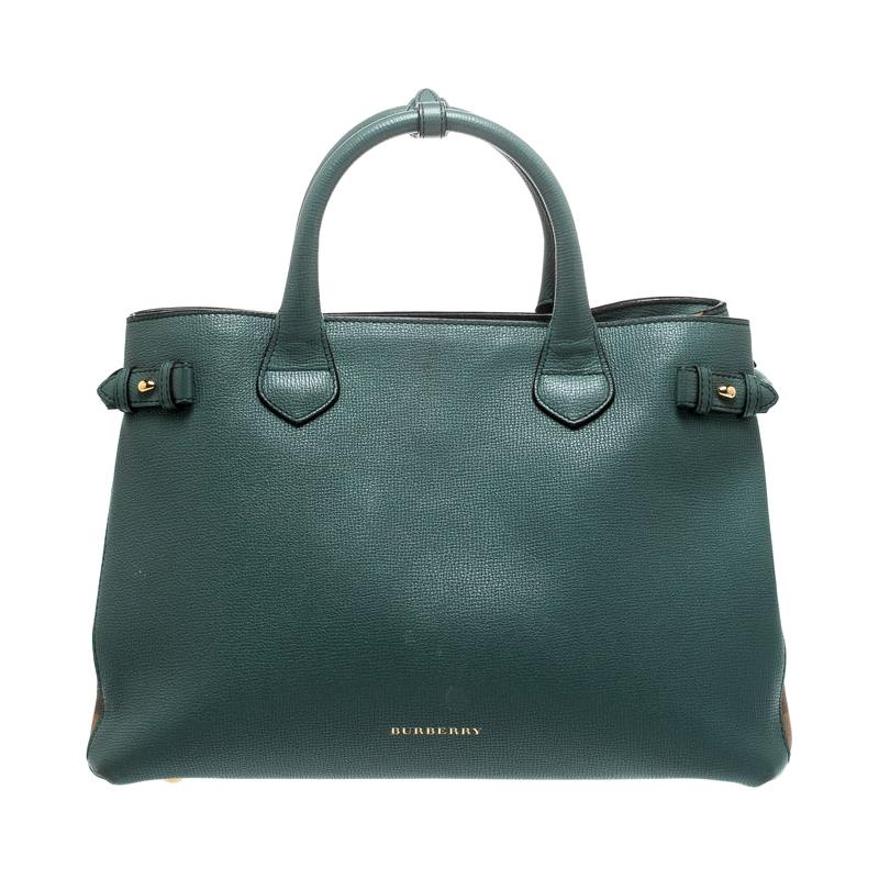 Burberry Sea Green Leather and House Check Fabric Medium Banner Tote