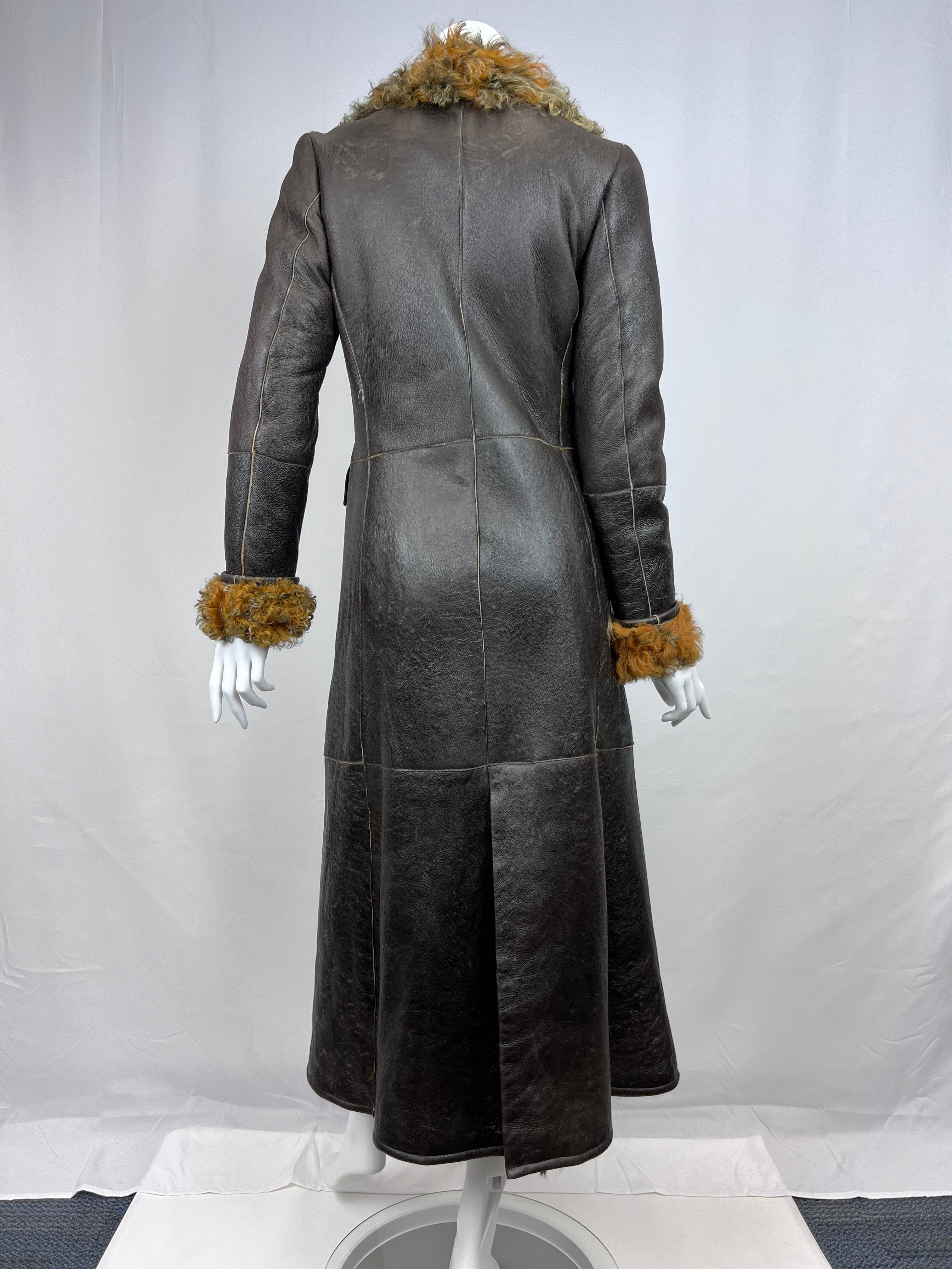 Burberry Curly Lamb and Brown Leather Long Coat Sz: 6 (UK) For Sale 5
