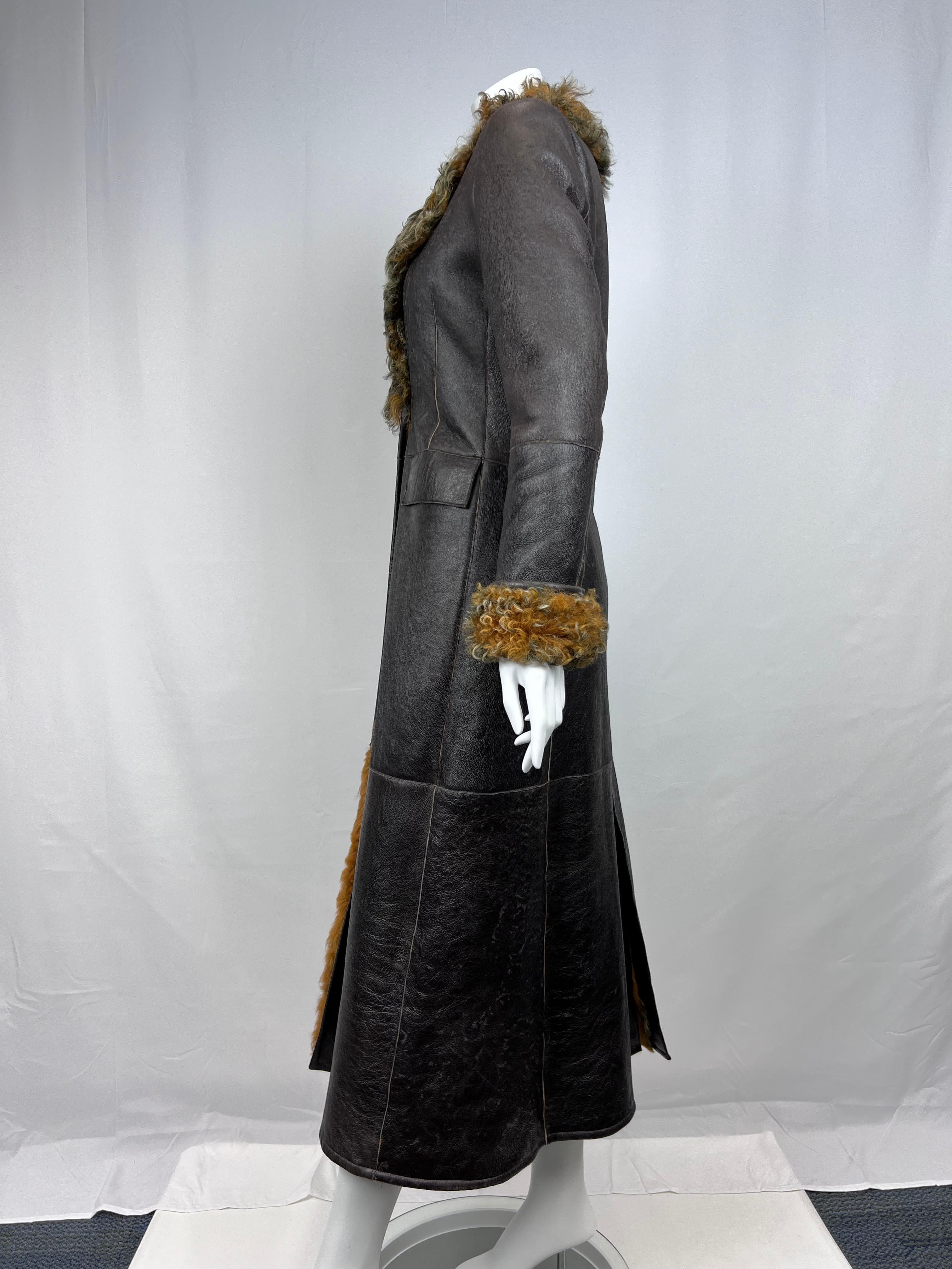 Burberry Curly Lamb and Brown Leather Long Coat Sz: 6 (UK) For Sale 6