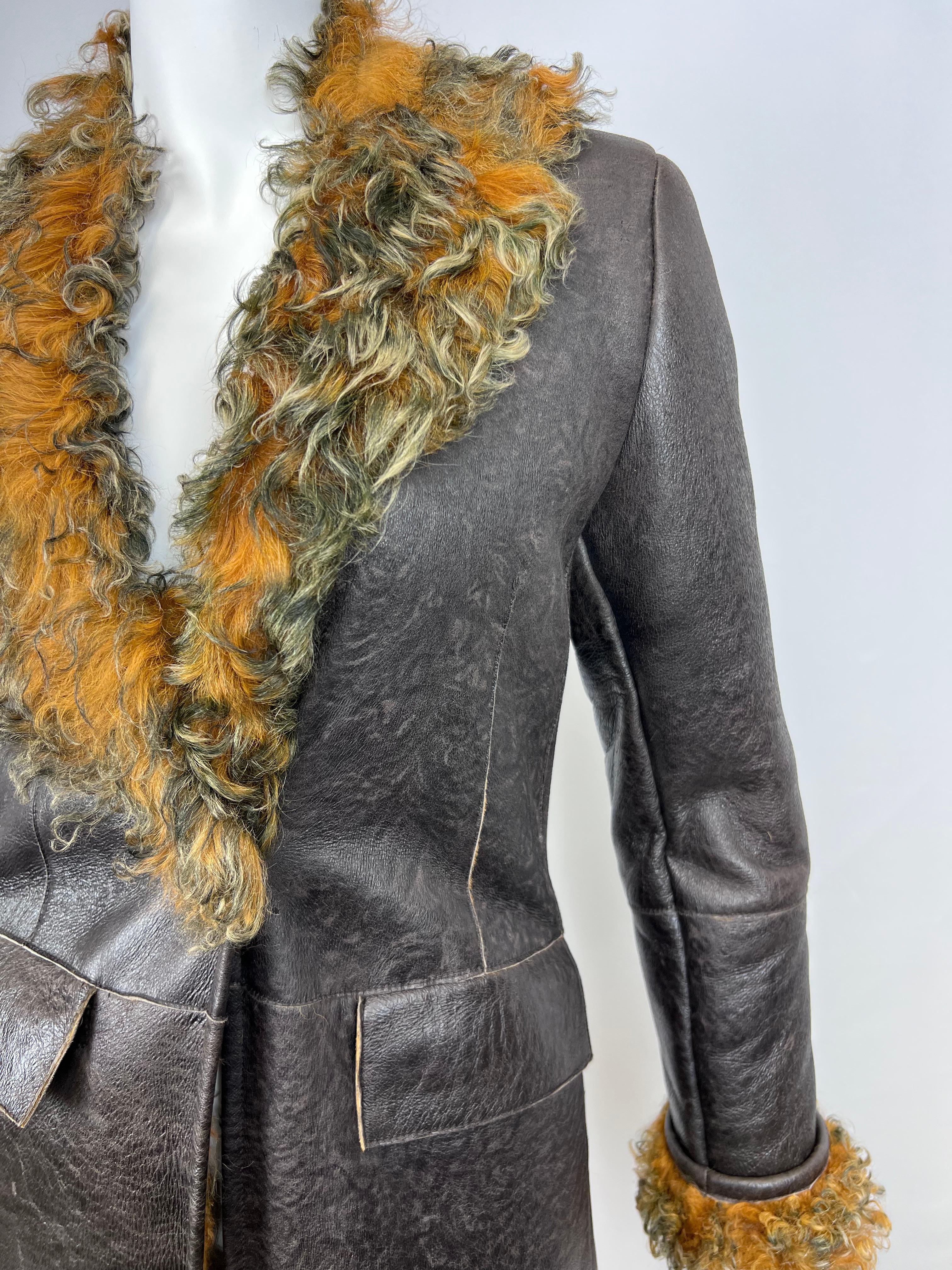 Burberry Curly Lamb and Brown Leather Long Coat Sz: 6 (UK) For Sale 7