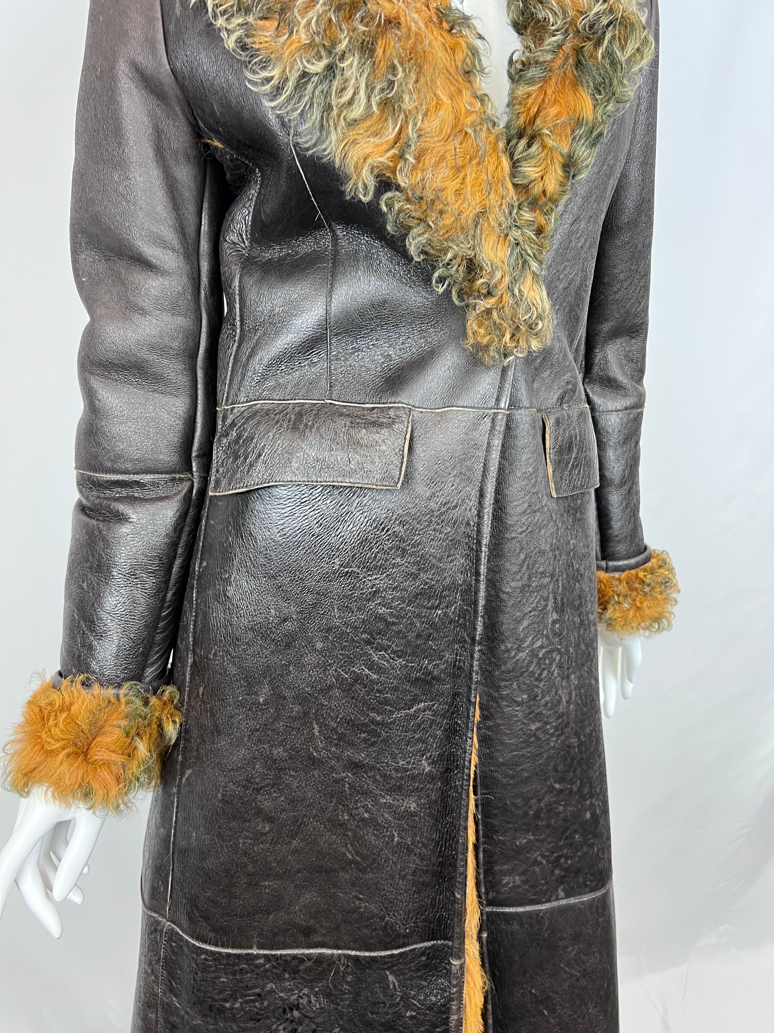 Burberry Curly Lamb and Brown Leather Long Coat Sz: 6 (UK) For Sale 9