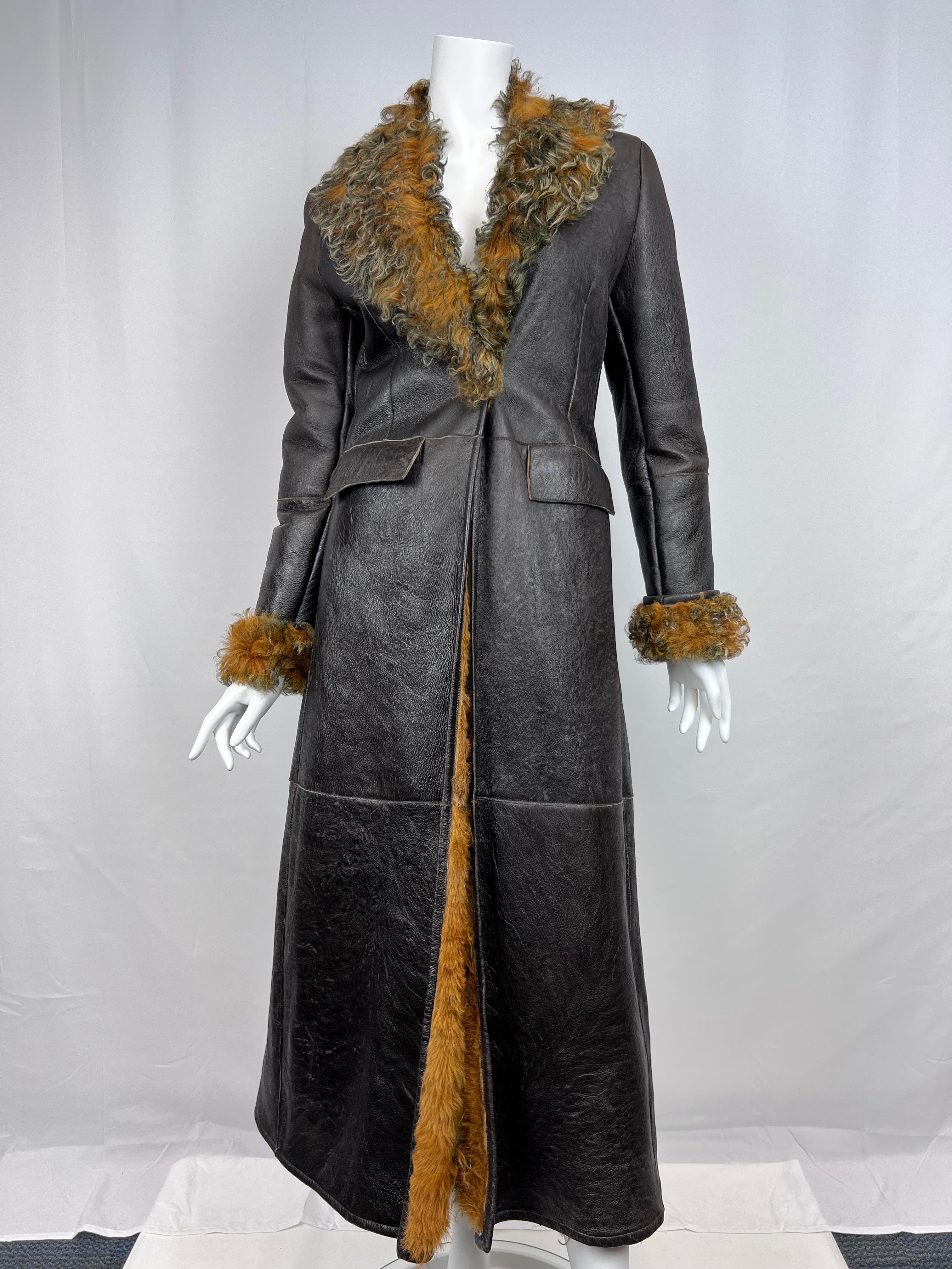 Burberry Curly Lamb and Brown Leather Long Coat Sz: 6 (UK) For Sale 2
