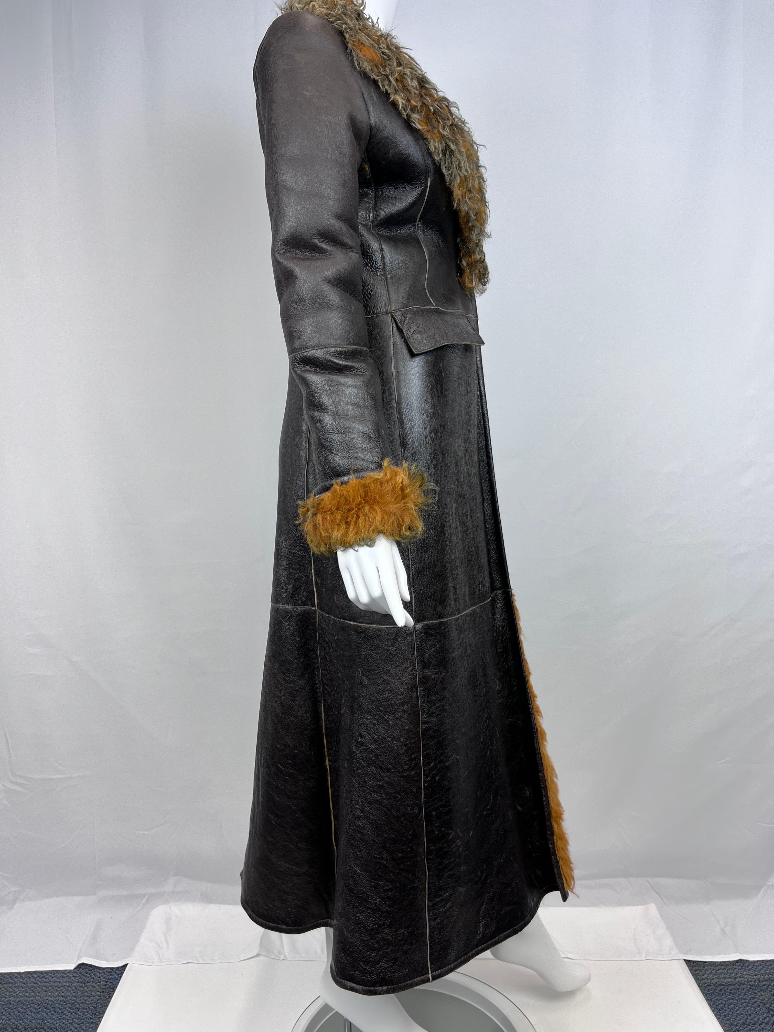 Burberry Curly Lamb and Brown Leather Long Coat Sz: 6 (UK) For Sale 3