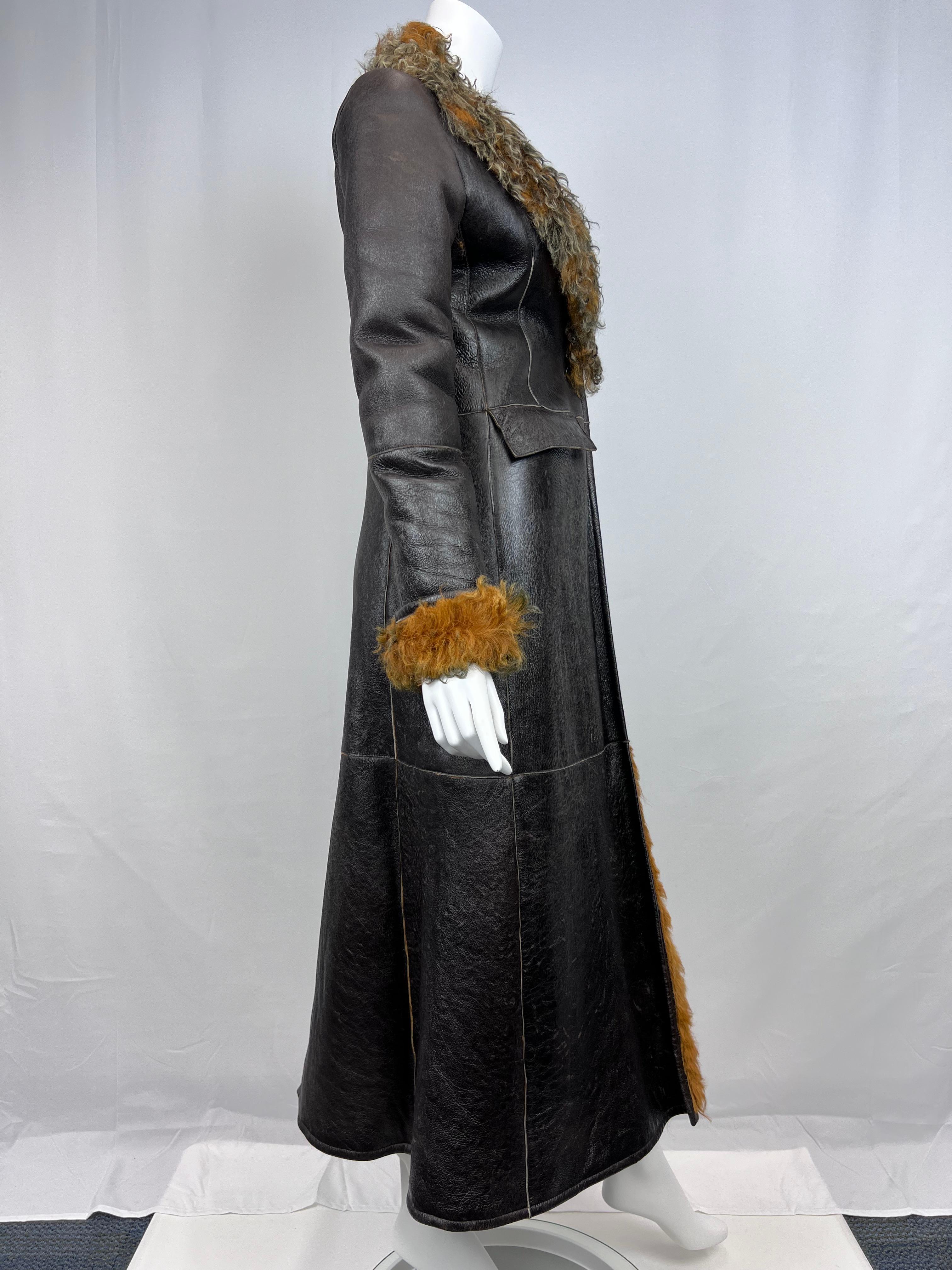 Burberry Curly Lamb and Brown Leather Long Coat Sz: 6 (UK) For Sale 4