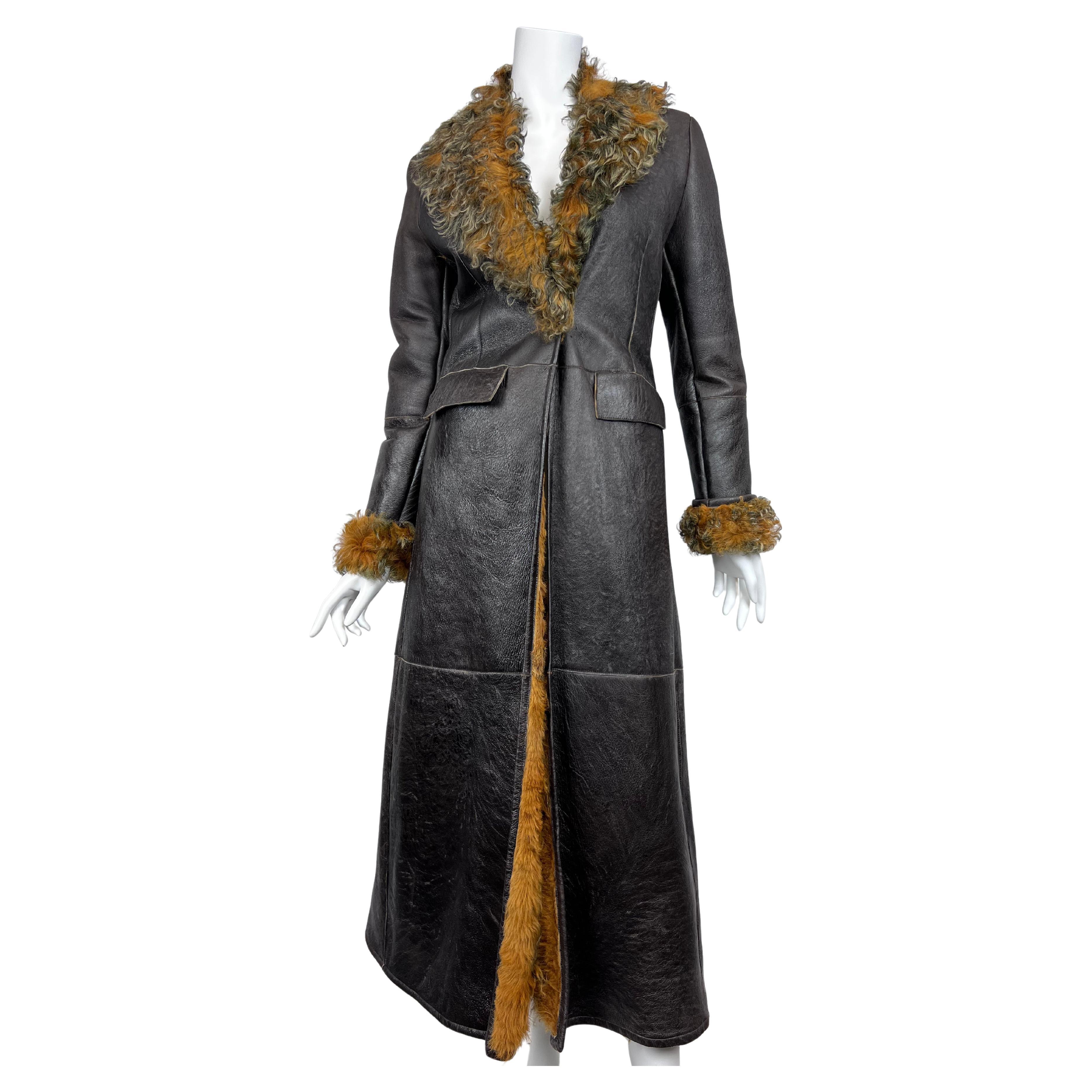 Burberry Curly Lamb and Brown Leather Long Coat Sz: 6 (UK) For Sale