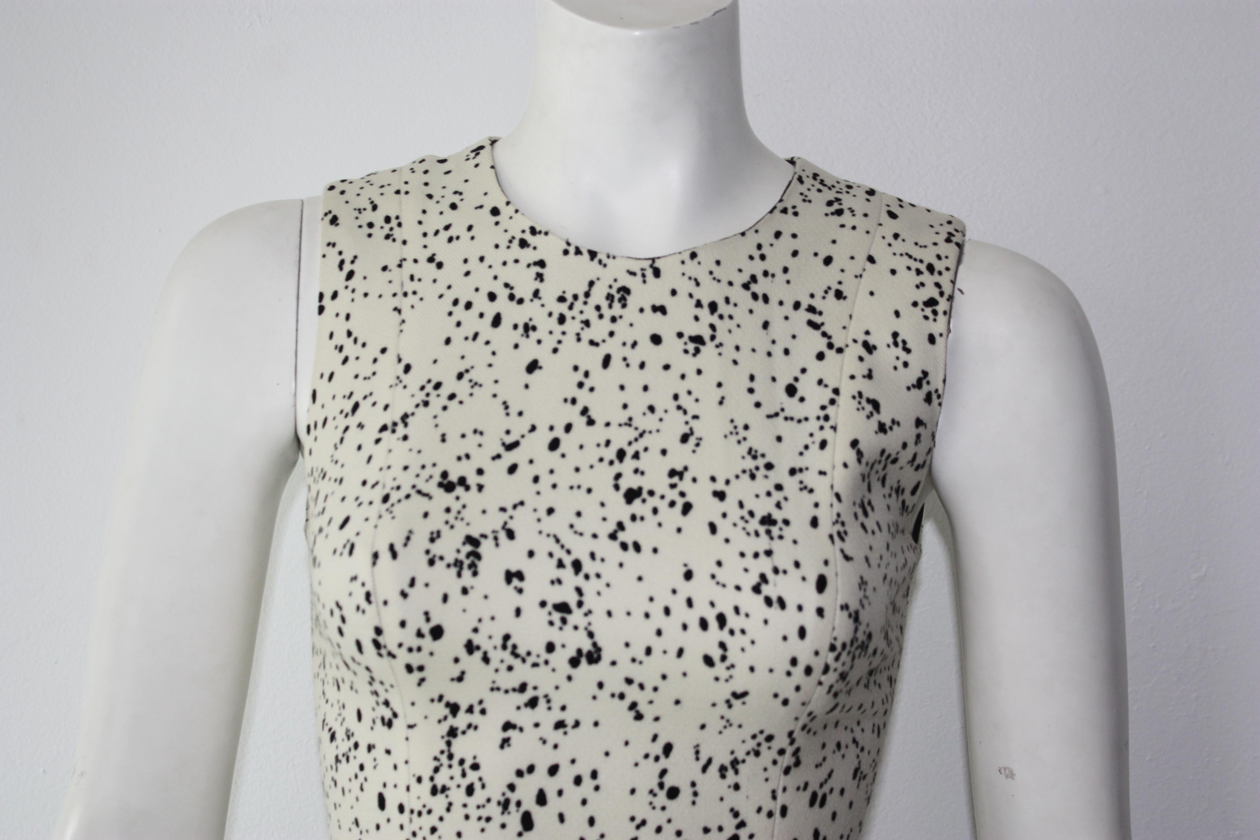 Burberry Wool Black and White Speckle Shift Dress 
Burberry cream and black splatter print sleeveless shift dress. Zipper all the way up. Lined on the inside. Wool silk blend.
Mid-Length
Size 38.