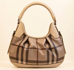 Burberry Shoulder Hobo Bag in Coated Multicolor Canvas and Gray Leather