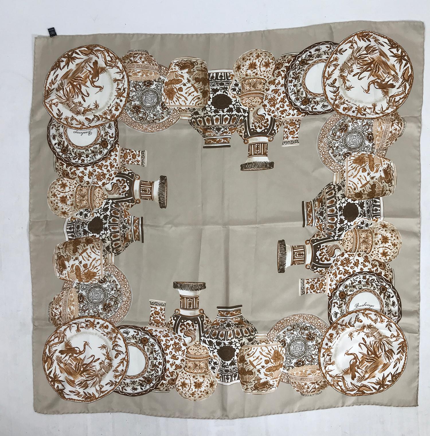 Gray Burberry Silk Scarf Transfer-ware China Pattern in Browns and Tan For Sale