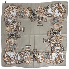 Burberry Silk Scarf Transfer-ware China Pattern in Browns and Tan