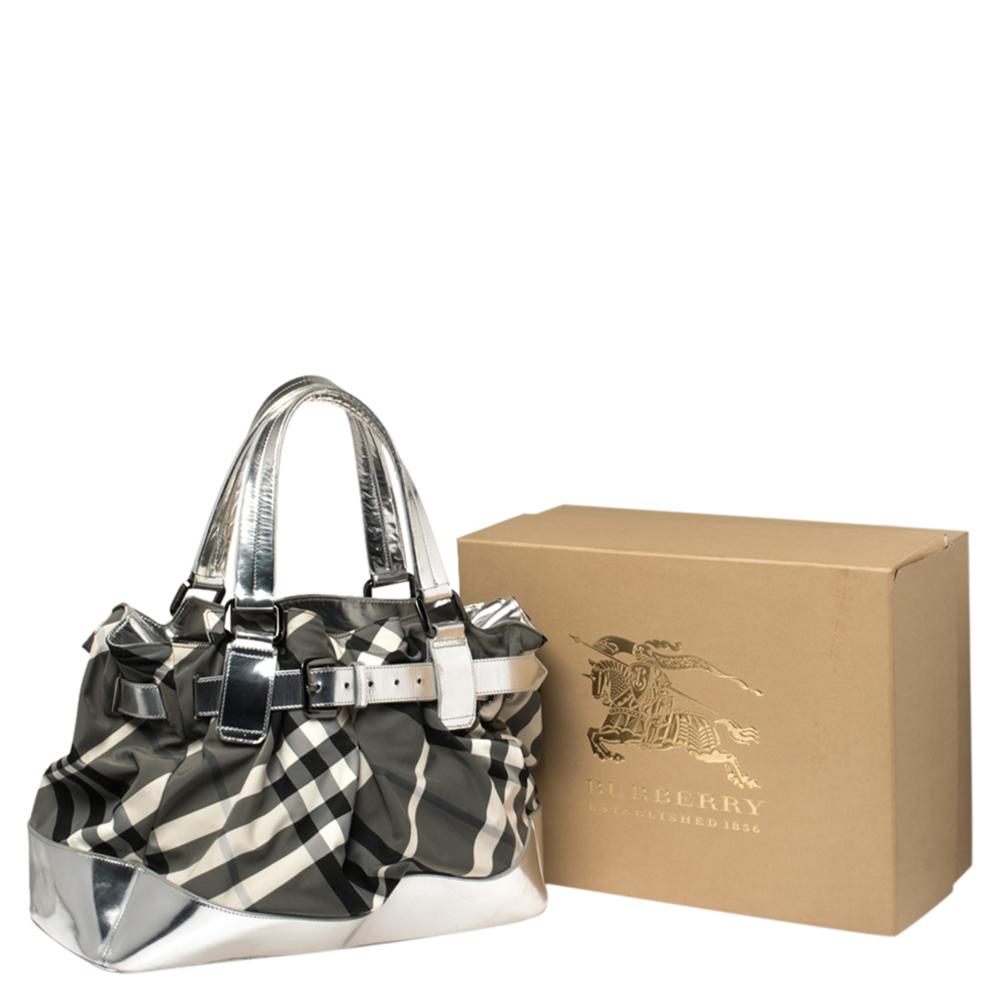 Burberry Silver Beat Check Nylon and Patent Leather Buckle Tote 5