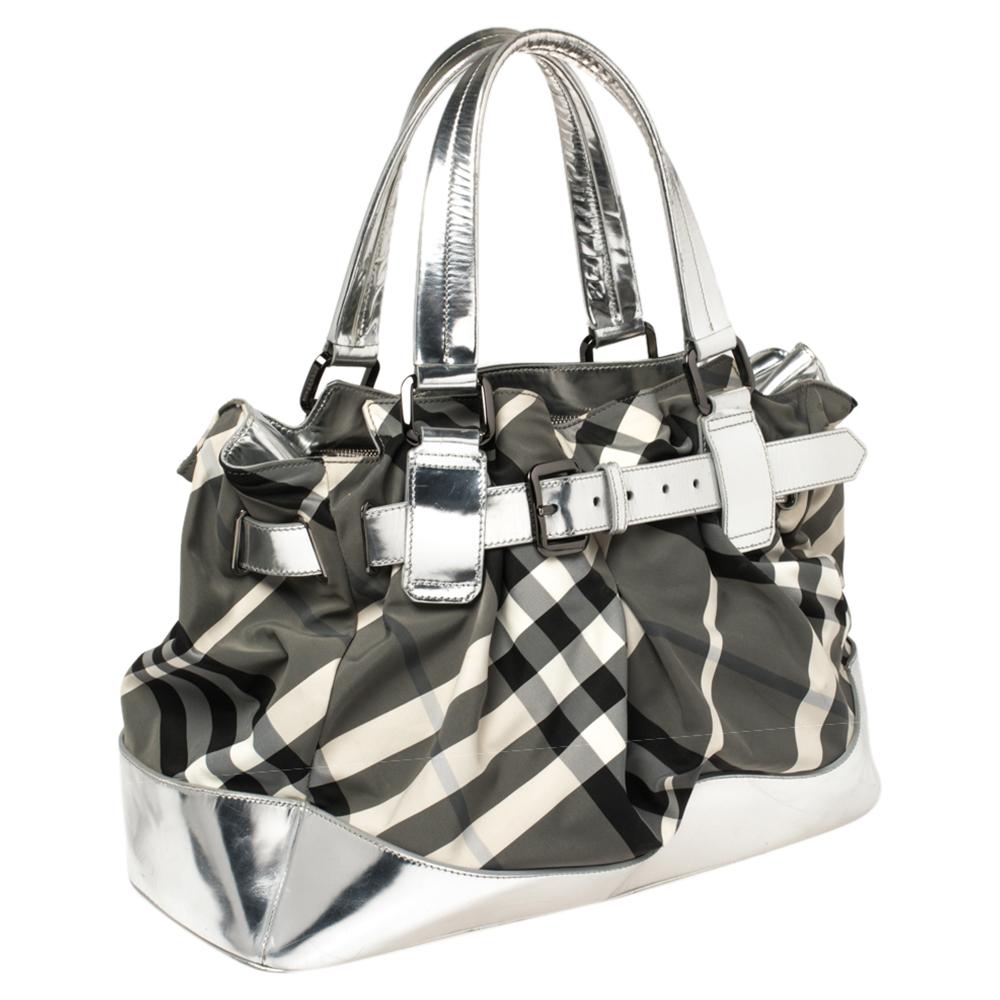 Black Burberry Silver Beat Check Nylon and Patent Leather Buckle Tote