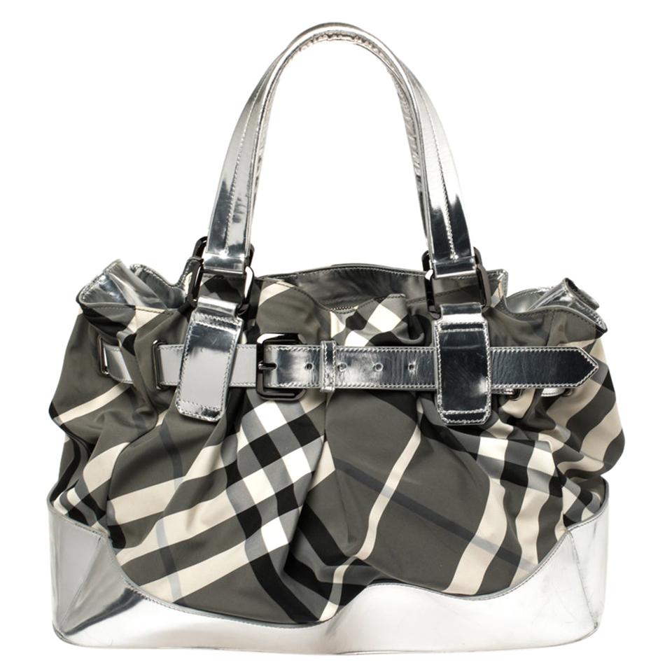 Burberry Silver Beat Check Nylon and Patent Leather Buckle Tote