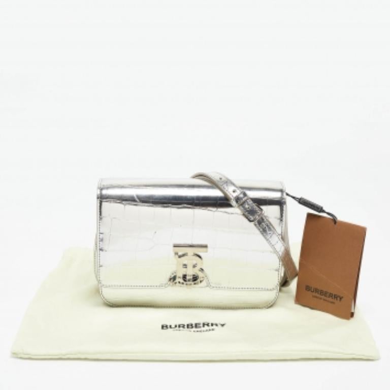 Burberry Silver Croc Embossed Leather Small TB Shoulder Bag en vente 2