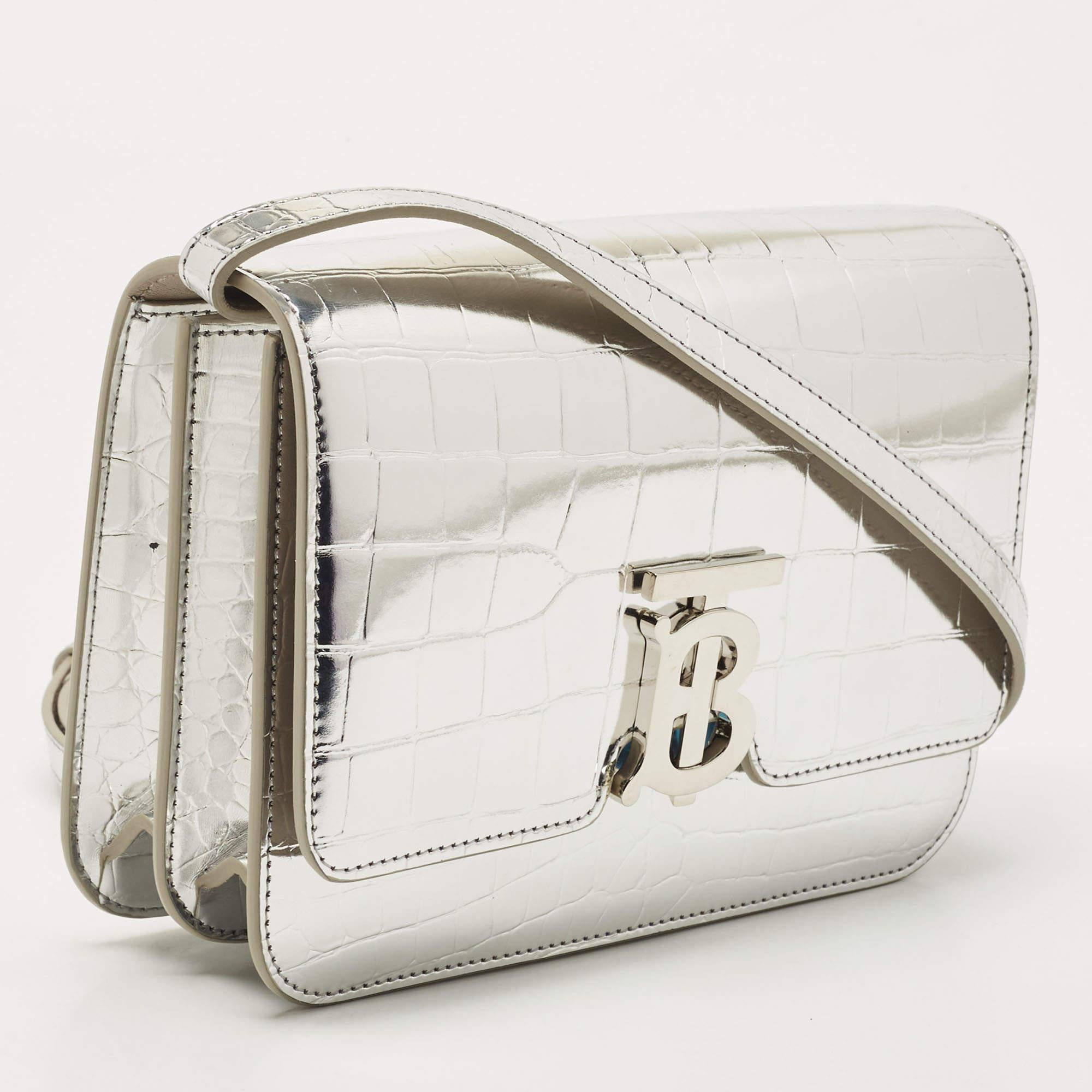 Women's Burberry Silver Croc-Embossed Leather TB Buckle Crossbody Bag
