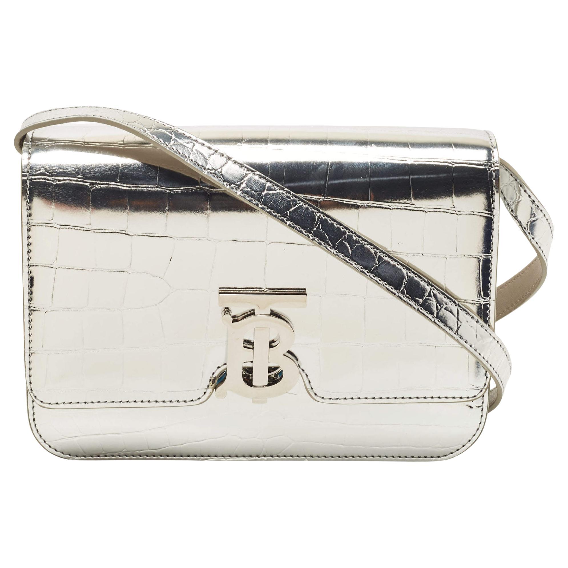 Burberry Silver Croc-Embossed Leather TB Buckle Crossbody Bag