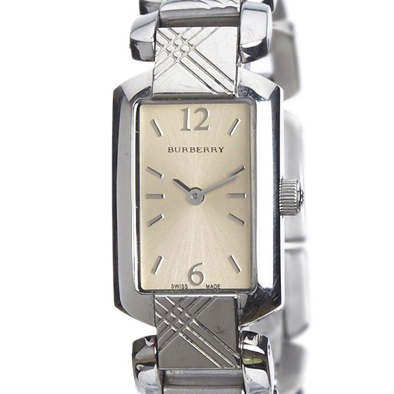 Part of the the Signature collection, this Burberry beauty is very classy. Crafted in stainless steel, the rectangular bezel houses a silver dial with bars for hour indicators, the Burberry logo, and matching hands. Featuring a 30m water resistance