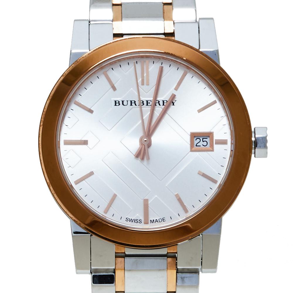 Contemporary Burberry Silver White Two Tone Stainless Steel BU9105 Women's Wristwatch 34 mm