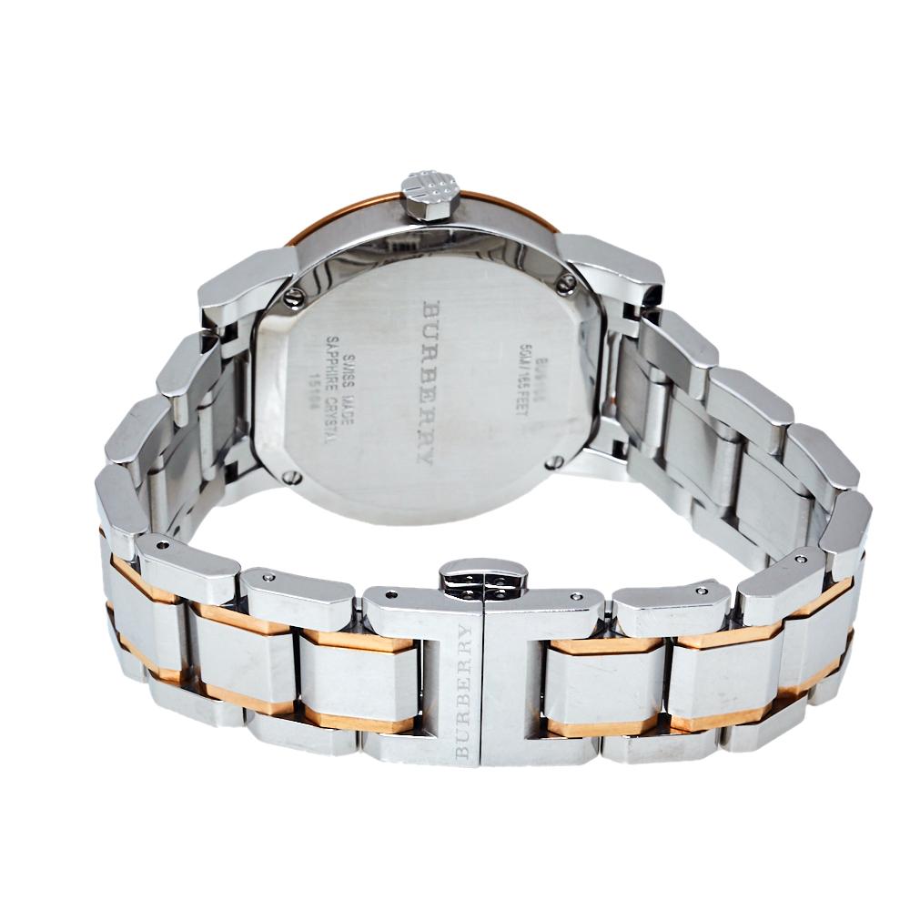 Burberry Silver White Two Tone Stainless Steel BU9105 Women's Wristwatch 34 mm In Good Condition In Dubai, Al Qouz 2
